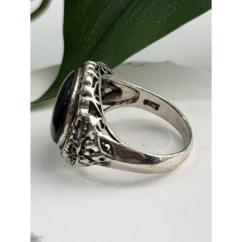 Vintage 925 Sterling Silver Black Onyx & Marcasite Ring Size 9