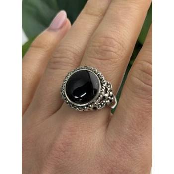 Vintage 925 Sterling Silver Black Onyx & Marcasite Ring Size 9