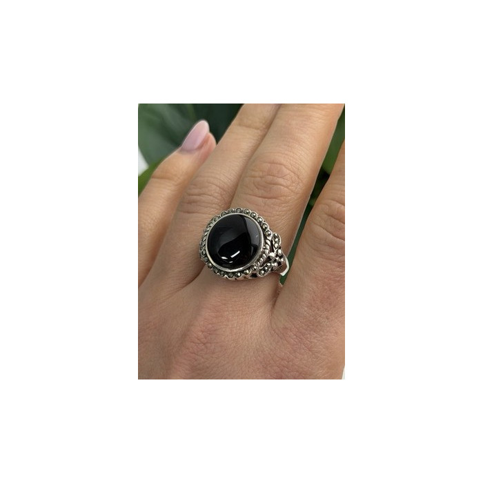 Vintage 925 Sterling Silver Black Onyx & Marcasite Ring Size 9