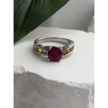 TGGC 925 Sterling Silver Ruby & Multi Color Spinel Stones Ring Size 8