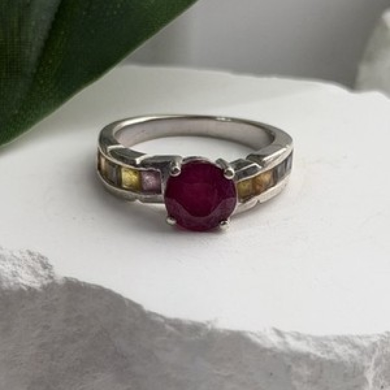 TGGC 925 Sterling Silver Ruby & Multi Color Spinel Stones Ring Size 8