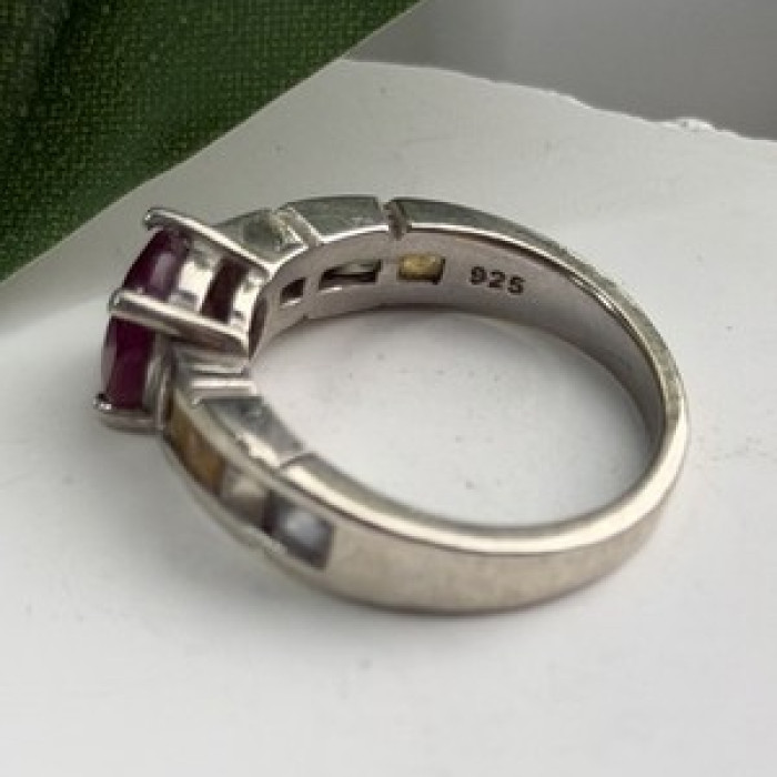 TGGC 925 Sterling Silver Ruby & Multi Color Spinel Stones Ring Size 8