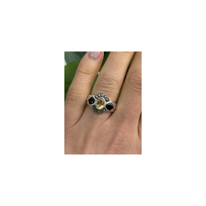 925 Sterling Silver Citrine & Onyx & Marcasite Ring Size 7