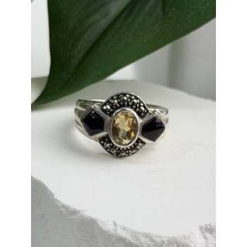 925 Sterling Silver Citrine & Onyx & Marcasite Ring Size 7