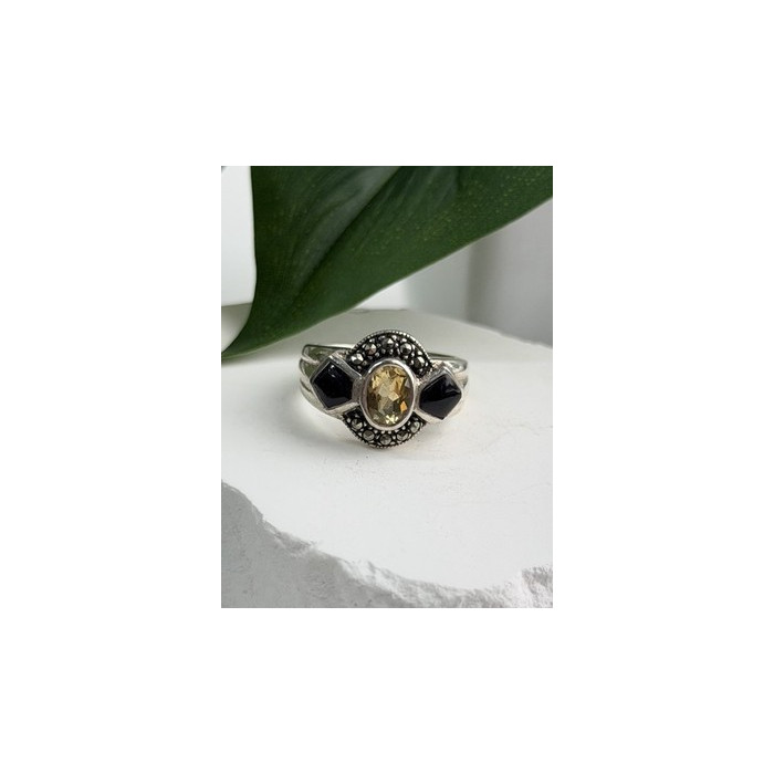 925 Sterling Silver Citrine & Onyx & Marcasite Ring Size 7