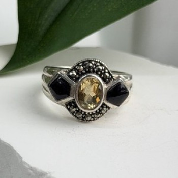 925 Sterling Silver Citrine & Onyx & Marcasite Ring Size 7