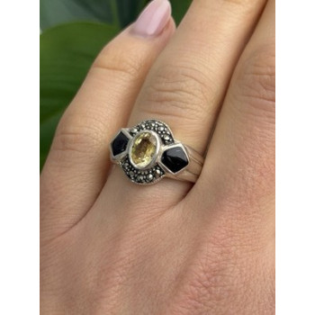 925 Sterling Silver Citrine & Onyx & Marcasite Ring Size 7