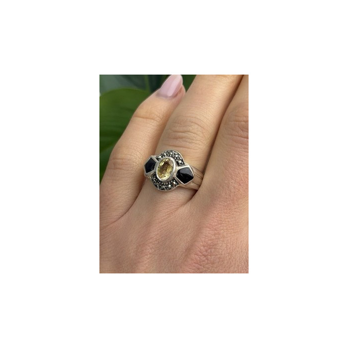 925 Sterling Silver Citrine & Onyx & Marcasite Ring Size 7