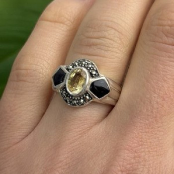 925 Sterling Silver Citrine & Onyx & Marcasite Ring Size 7