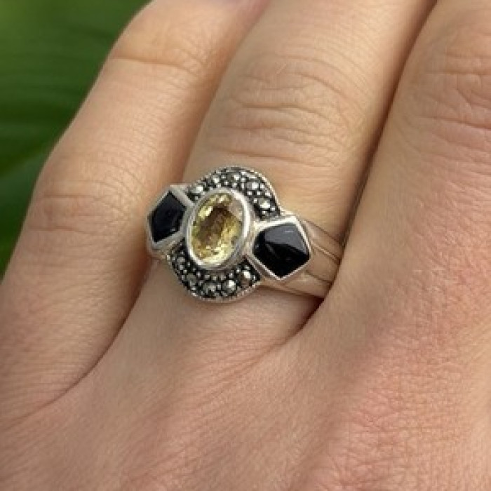 925 Sterling Silver Citrine & Onyx & Marcasite Ring Size 7