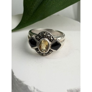 925 Sterling Silver Citrine & Onyx & Marcasite Ring Size 7