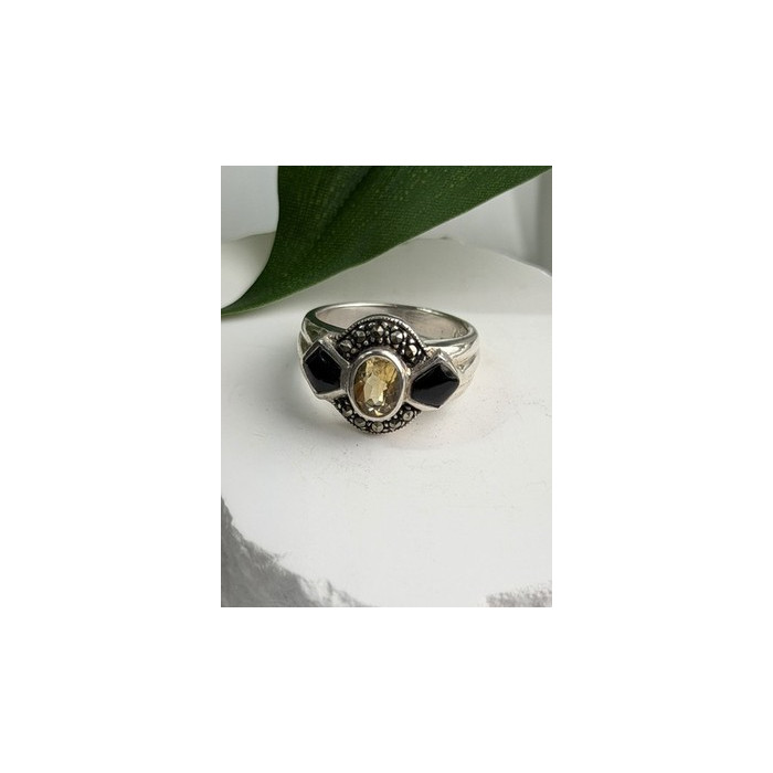 925 Sterling Silver Citrine & Onyx & Marcasite Ring Size 7