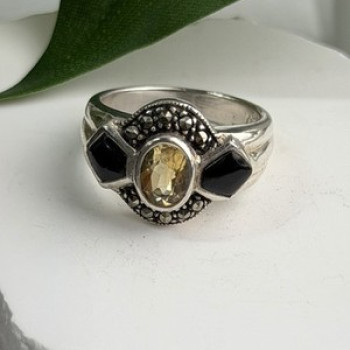 925 Sterling Silver Citrine & Onyx & Marcasite Ring Size 7