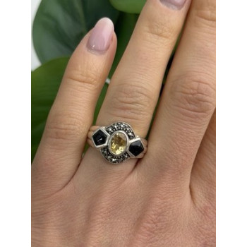 925 Sterling Silver Citrine & Onyx & Marcasite Ring Size 7