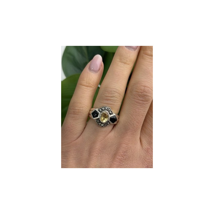 925 Sterling Silver Citrine & Onyx & Marcasite Ring Size 7