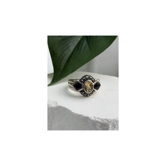925 Sterling Silver Citrine & Onyx & Marcasite Ring Size 7