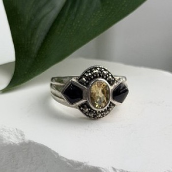 925 Sterling Silver Citrine & Onyx & Marcasite Ring Size 7