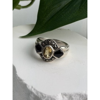 925 Sterling Silver Citrine & Onyx & Marcasite Ring Size 7