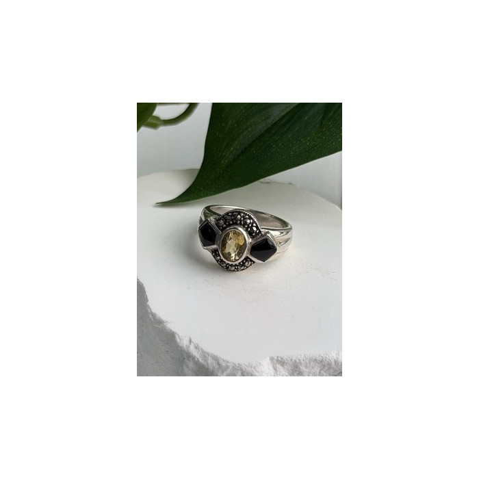 925 Sterling Silver Citrine & Onyx & Marcasite Ring Size 7