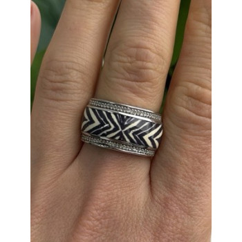 JWBR 925 Sterling Silver Enamel Zebra Stripe Diamonds Ring Size 8