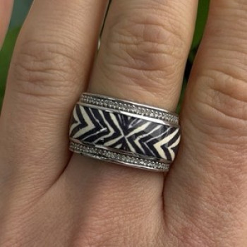 JWBR 925 Sterling Silver Enamel Zebra Stripe Diamonds Ring Size 8