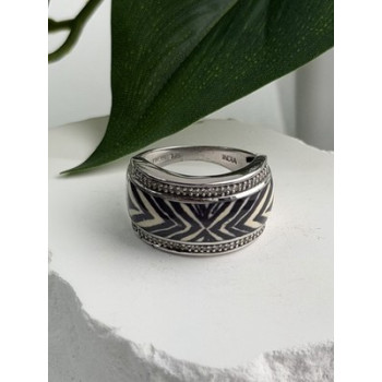JWBR 925 Sterling Silver Enamel Zebra Stripe Diamonds Ring Size 8