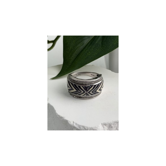 JWBR 925 Sterling Silver Enamel Zebra Stripe Diamonds Ring Size 8