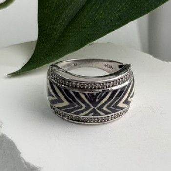 JWBR 925 Sterling Silver Enamel Zebra Stripe Diamonds Ring Size 8