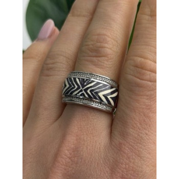 JWBR 925 Sterling Silver Enamel Zebra Stripe Diamonds Ring Size 8