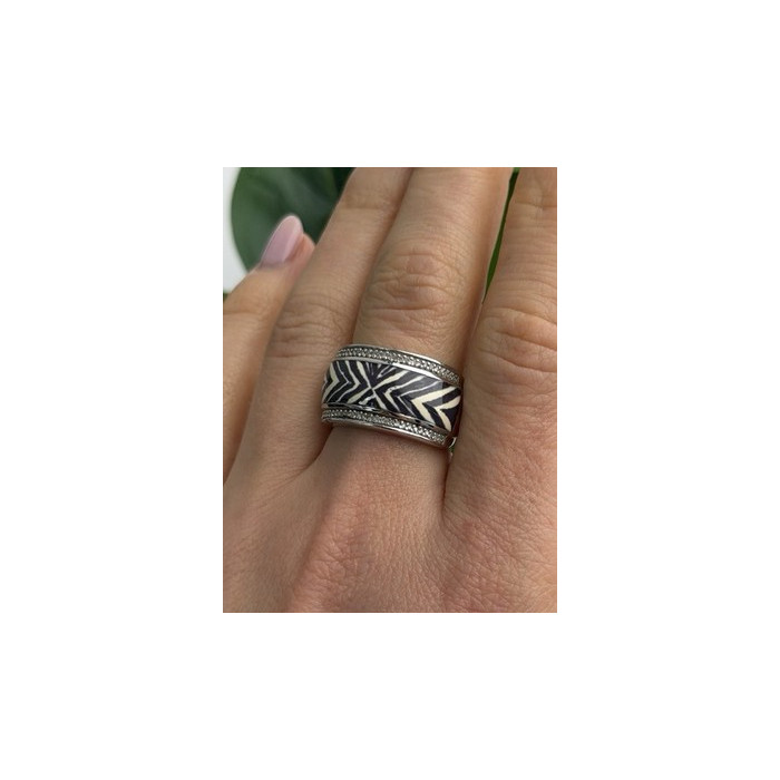 JWBR 925 Sterling Silver Enamel Zebra Stripe Diamonds Ring Size 8
