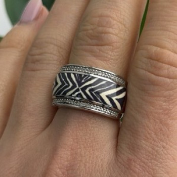 JWBR 925 Sterling Silver Enamel Zebra Stripe Diamonds Ring Size 8