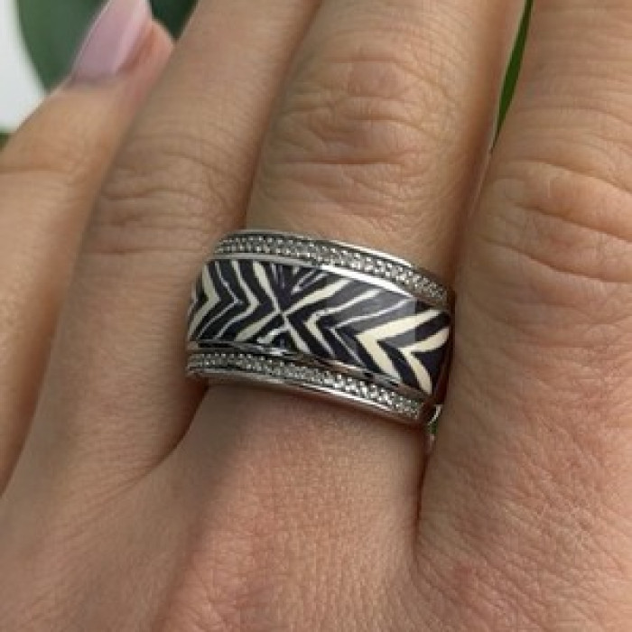 JWBR 925 Sterling Silver Enamel Zebra Stripe Diamonds Ring Size 8