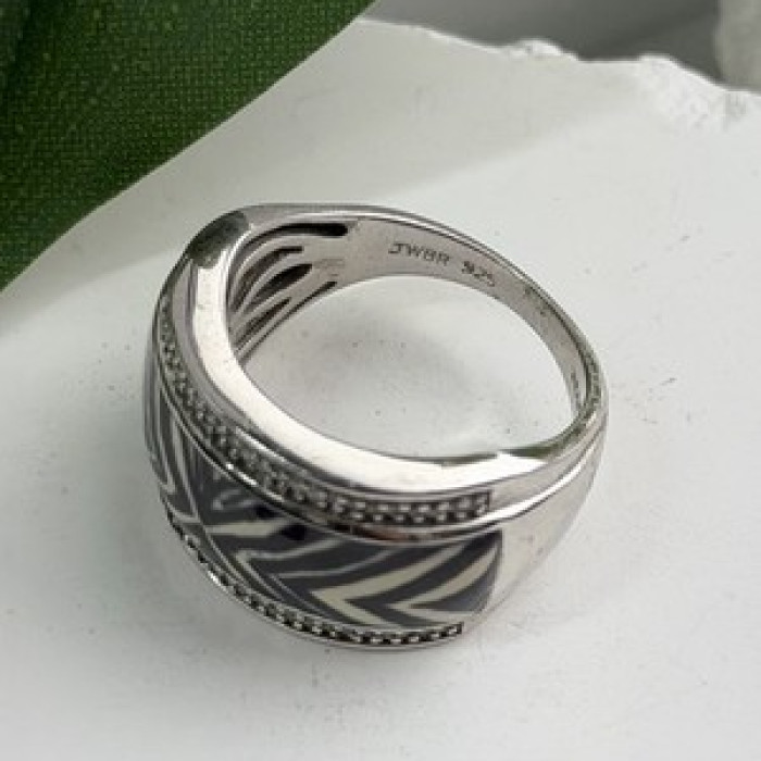 JWBR 925 Sterling Silver Enamel Zebra Stripe Diamonds Ring Size 8