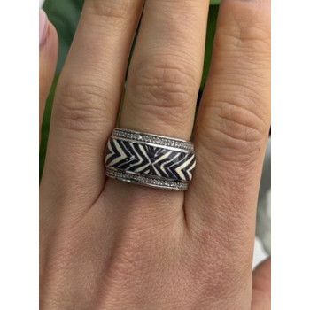 JWBR 925 Sterling Silver Enamel Zebra Stripe Diamonds Ring Size 8