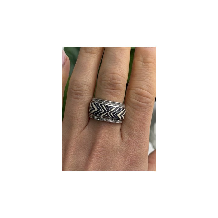 JWBR 925 Sterling Silver Enamel Zebra Stripe Diamonds Ring Size 8