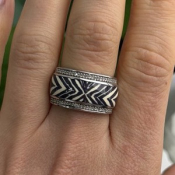 JWBR 925 Sterling Silver Enamel Zebra Stripe Diamonds Ring Size 8