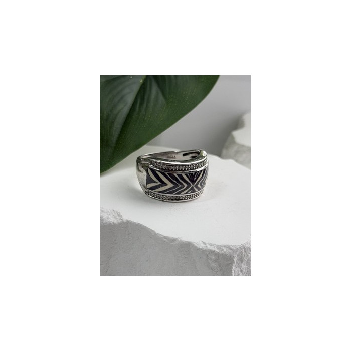 JWBR 925 Sterling Silver Enamel Zebra Stripe Diamonds Ring Size 8