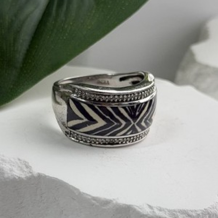 JWBR 925 Sterling Silver Enamel Zebra Stripe Diamonds Ring Size 8