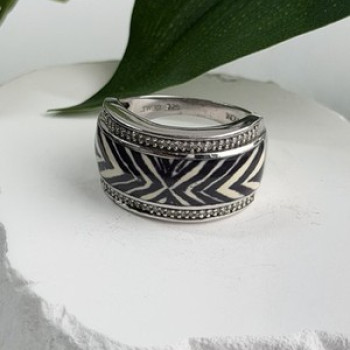 JWBR 925 Sterling Silver Enamel Zebra Stripe Diamonds Ring Size 8