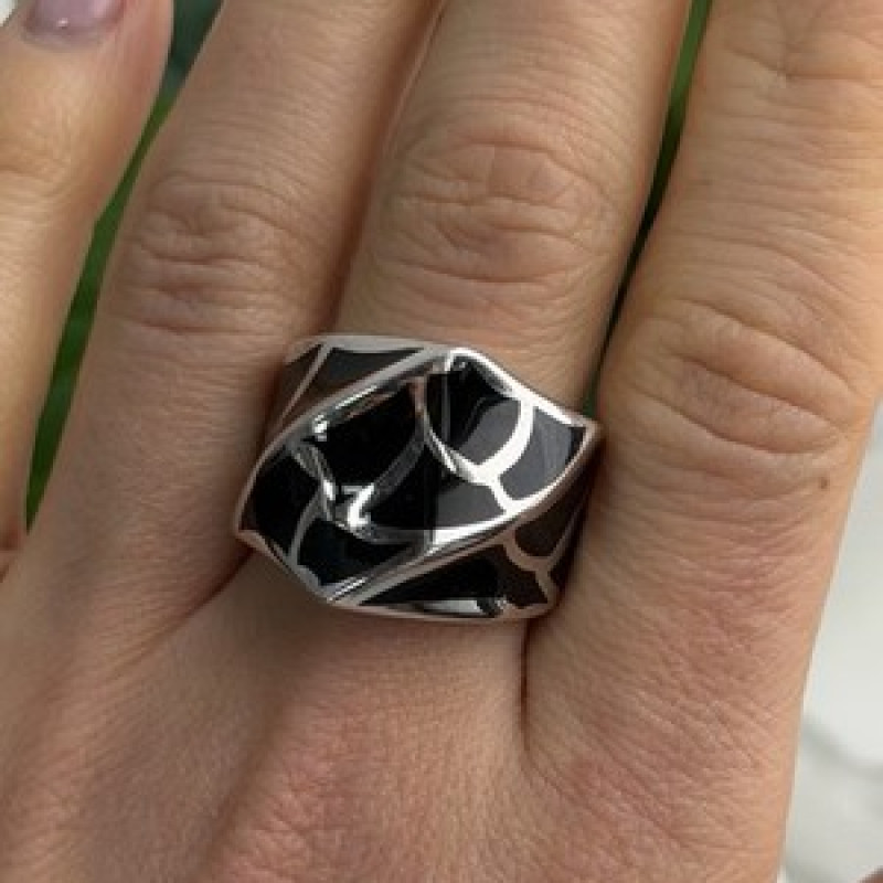 Italy Geometric Design 925 Sterling Silver Black Onyx Ring Size 10