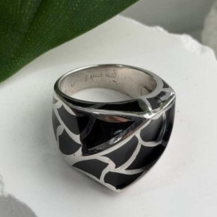 Italy Geometric Design 925 Sterling Silver Black Onyx Ring Size 10