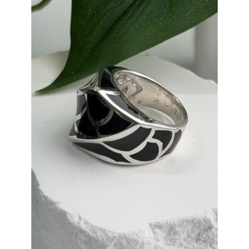 Italy Geometric Design 925 Sterling Silver Black Onyx Ring Size 10