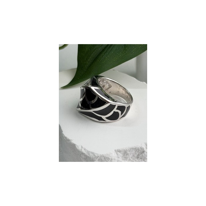 Italy Geometric Design 925 Sterling Silver Black Onyx Ring Size 10