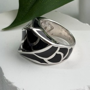Italy Geometric Design 925 Sterling Silver Black Onyx Ring Size 10