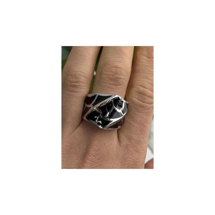 Italy Geometric Design 925 Sterling Silver Black Onyx Ring Size 10