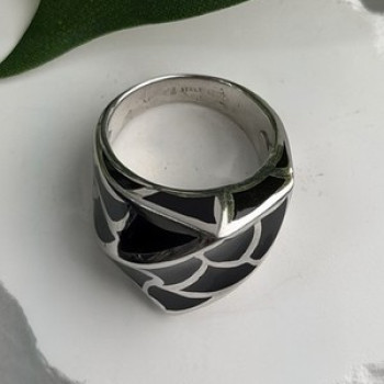 Italy Geometric Design 925 Sterling Silver Black Onyx Ring Size 10