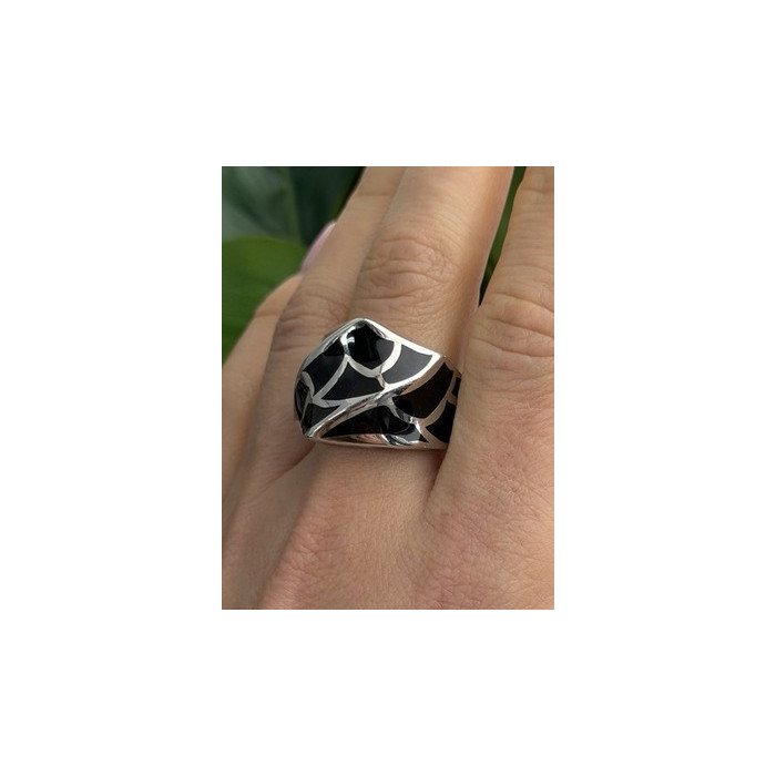 Italy Geometric Design 925 Sterling Silver Black Onyx Ring Size 10