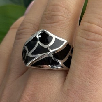 Italy Geometric Design 925 Sterling Silver Black Onyx Ring Size 10