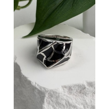 Italy Geometric Design 925 Sterling Silver Black Onyx Ring Size 10