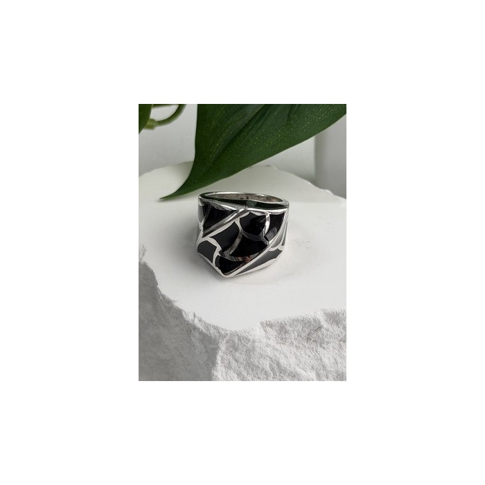 Italy Geometric Design 925 Sterling Silver Black Onyx Ring Size 10